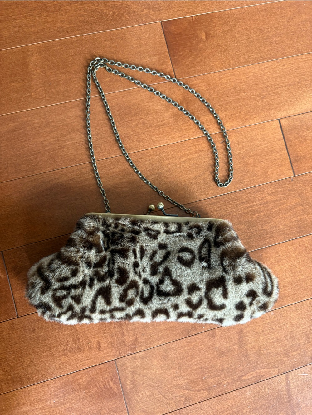 Gunne Sax Faux Fur Leopard Print Clutch in Brown and Cream